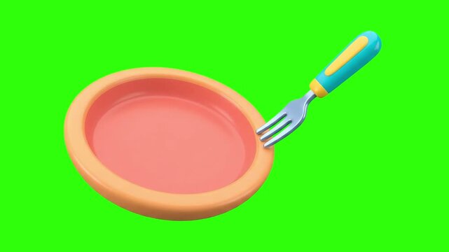 A 3D rendered colorful plastic plate and fork setting on a chroma key green background. Ideal for kids food apps, kitchenware graphics, eating icons, meal prep visuals, and keyable video editing.