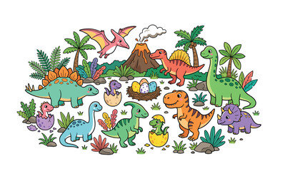 Cute cartoon dinosaurs set with prehistoric volcanic landscape plants eggs and baby creatures isolated on white background © ROFIKA