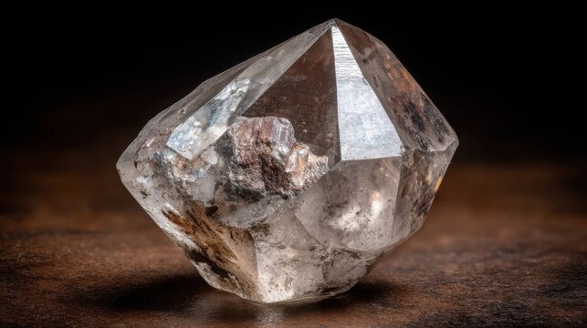 A perfectly formed clear quartz crystal shard with internal inclusions and sharp facets