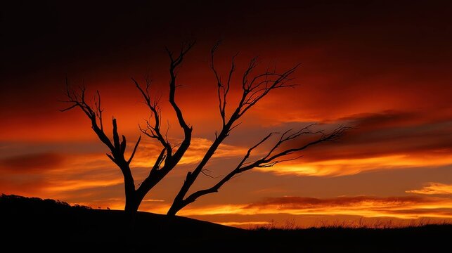 A Stark Black Silhouette of a Lone Dead Tree Against a Fiery Orange and Red Sunset Sky