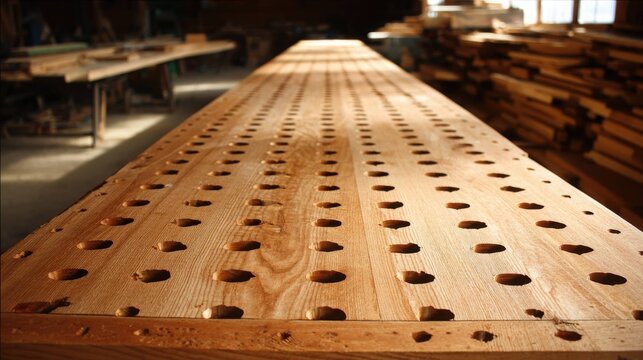 Meticulously Drilled Pilot Holes in Unfinished Wood Workbench Surface Ready for Carpentry Projects