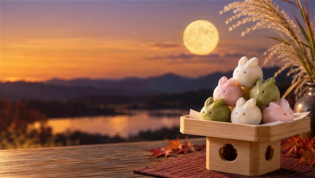 夕暮れの満月を背景に三方に積んだ三色のうさぎ団子
