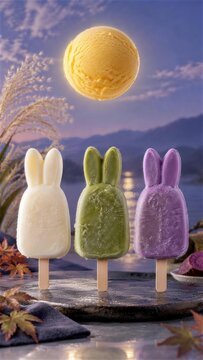 満月のようなアイスと三色のうさぎアイスバー