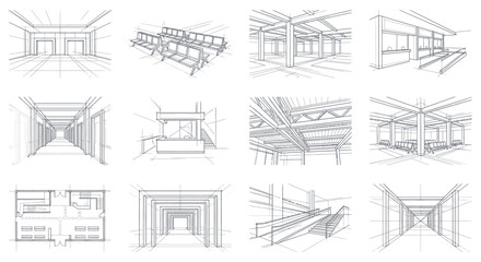Fototapeta premium Modern Architectural Sketch Collection of Minimalist Black and White Interior Design Concepts and Floor Plans