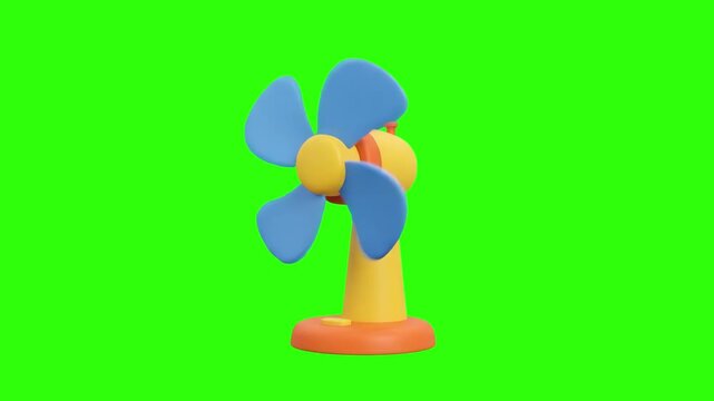 A 3D rendered bright blue and yellow electric desk fan on a chroma key green background. Ideal for summer heat promos, cooling appliance graphics, office accessories, UI icons, and keyable video editi