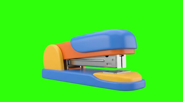 A 3D rendered bright blue and orange office stapler on a chroma key green background. Great for stationery ads, back-to-school promos, office supplies graphics, educational app icons, and keyable vide