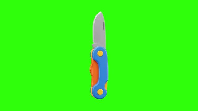 A 3D rendered colorful folding pocket knife with a sleek blade standing vertically on a chroma key green background. Excellent for camping gear graphics, survival app UI, utility tool icons, outdoor s