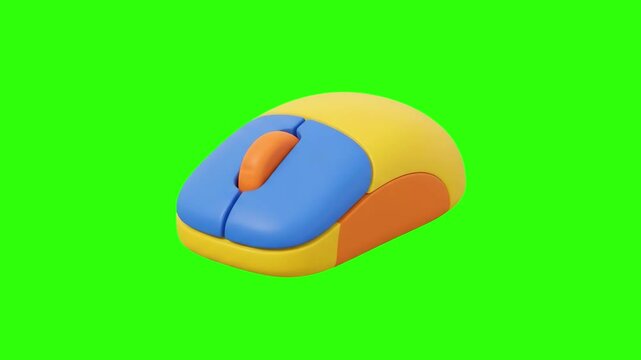 A 3D animated stylized computer mouse with vibrant yellow and blue colors on a chroma key green background. Great for technology promos, gaming setups, office hardware graphics, internet surfing clips