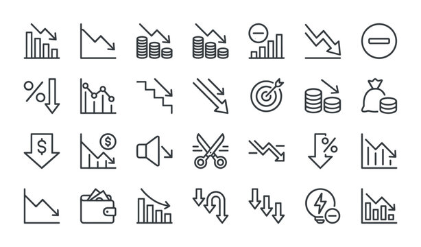 Set of thin line business icons representing financial loss market decline economic crisis profit reduction and negative growth charts and graphs