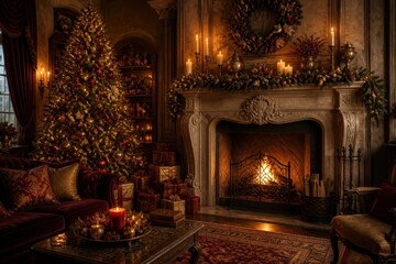Fototapeta premium Cozy Christmas living room with fireplace and decorated tree