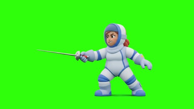 A 3D animated female fencer character in a white protective fencing suit and helmet holding a foil sword on a chroma key green background. Great for Olympic sports promos, fencing tutorials, combat ga