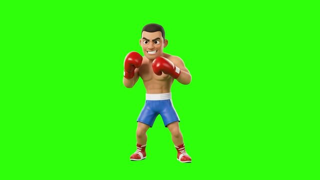 A strong 3D animated male boxer in blue shorts and red boxing gloves standing in a defensive fighting stance on a chroma key green background. Suitable for boxing matches, gym promos, combat training 