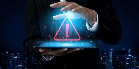 Cybersecurity alert warning showing red cyber for data breach, network threat, and cyber security system vulnerability with emphasis on security risk, caution, digital protection Vouch © InfiniteFlow