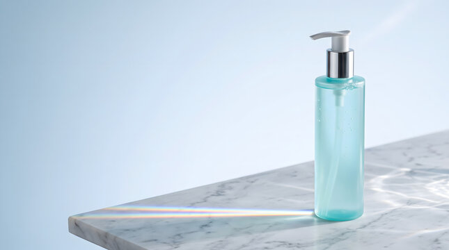 Transparent Blue Cleanser Pump Bottle on Marble with Rainbow Prism Light