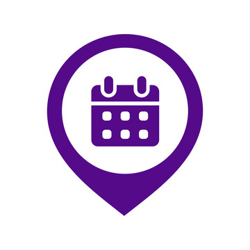 Purple location map pin icon with a calendar symbol inside for event scheduling and date planning concepts transparent background