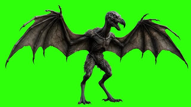 A dark and scary 3D animated winged gargoyle monster with spread wings standing on a chroma key green background. Perfect for horror films, Halloween promotions, fantasy RPG video game assets, and cin