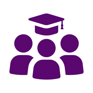 Purple icon showing three people group with a graduation cap above transparent background