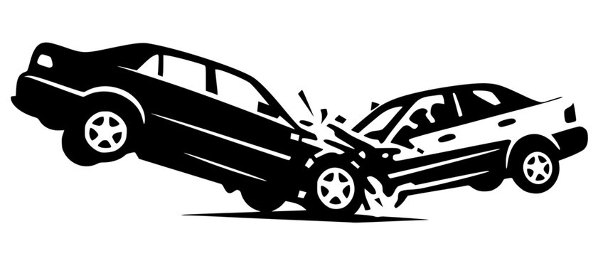 Black silhouette of two cars colliding head‑on, bold vector design symbolizing road safety, accident awareness, and traffic impact.