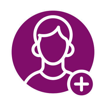 Purple circular icon featuring a person silhouette with a white plus sign symbol transparent background