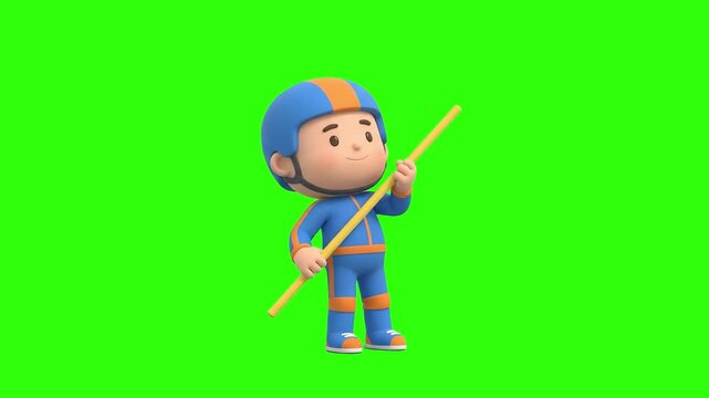 A cute 3D animated young athlete character wearing a blue tracksuit and helmet holding a pole vault stick on a chroma key green background. Suitable for sports competitions, track and field content, k