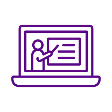 Purple outline icon of a laptop computer screen displaying online education training presentation transparent background