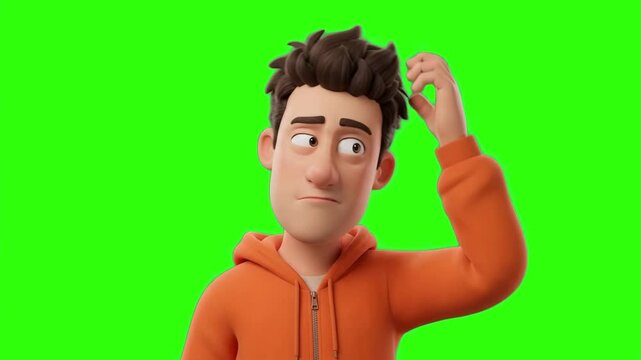 A 3D animated cartoon man in an orange hoodie scratching his head with a confused or thoughtful expression on a chroma key green background. Perfect for problem-solving scenes, question prompts, react