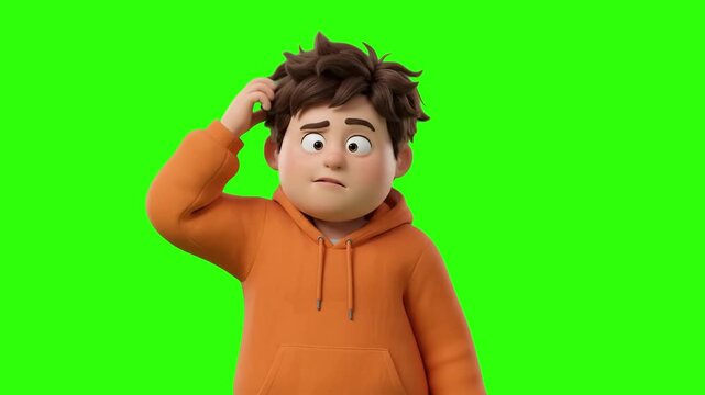A 3D animated young man in an orange hoodie scratching his head thoughtfully with a confused facial expression on a chroma key green background. Suitable for decision-making clips, problem solving, qu