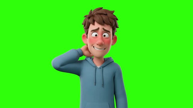 A 3D animated young man in a blue hoodie blushing red with embarrassment while scratching his neck on a chroma key green background. Great for shy moments, awkward situation reactions, crush topics, a