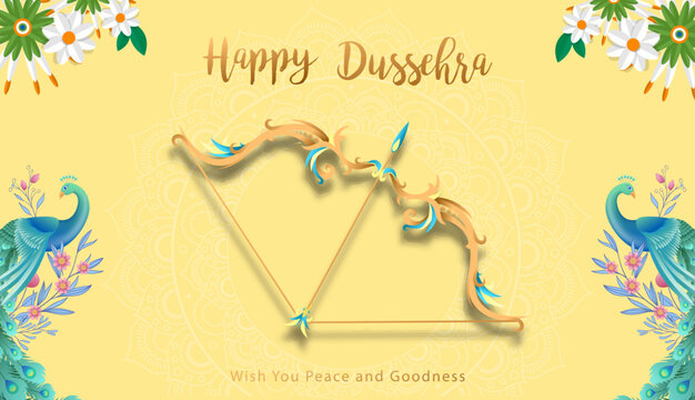 Dussehra Festival Greeting Banner Featuring an Elegant Ornamental Bow and Arrow Surrounded by Colorful Peacock and Floral Decorations on a Light Yellow Background, Editable Vector Illustration