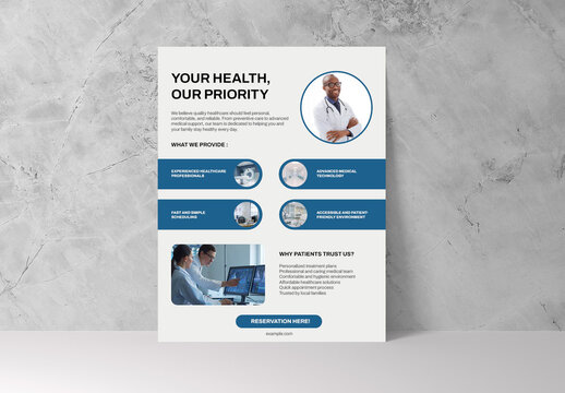 Blue and White Modern Healthcare Clinic Services Flyer Layout