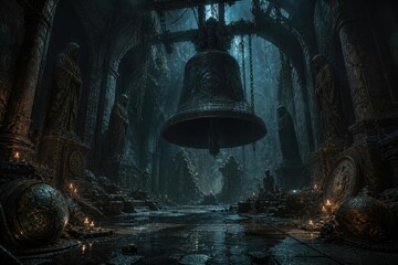 Fototapeta premium Dark mystical temple interior with giant hanging bell