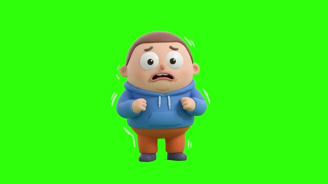 A 3D animated chubby cartoon guy standing, trembling, and looking terrified with wide eyes on a chroma key green background. Ideal for fear reactions, horror video edits, panic topics, and funny chara