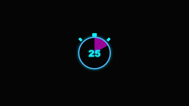 Vibrant digital stopwatch glows against black background. Bright magenta and cyan hues pulse with energy. Countdown begins at three seconds with bold display