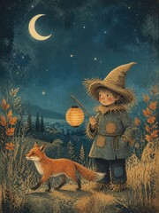 Obraz premium Whimsical child witch with lantern and fox under starry moon