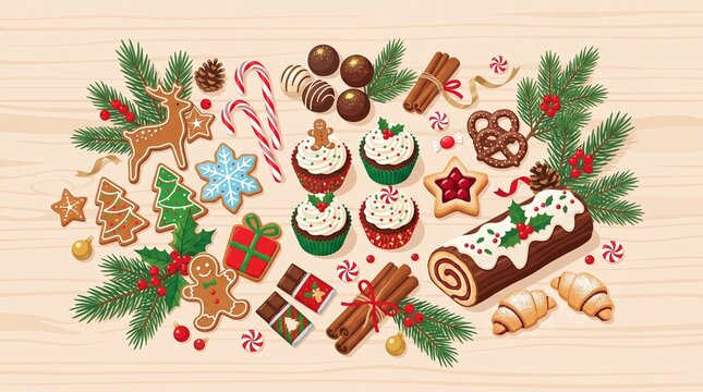  Delicious Christmas food and dessert collection featuring gingerbread cookies, cupcakes, candy canes, and yule log cake decorated with pine branches.