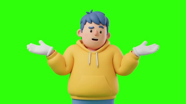A 3D animated cartoon boy character with blue hair in a yellow hoodie shrugging his shoulders with a confused expression on a chroma key green background. Perfect for explainer videos, question scenes