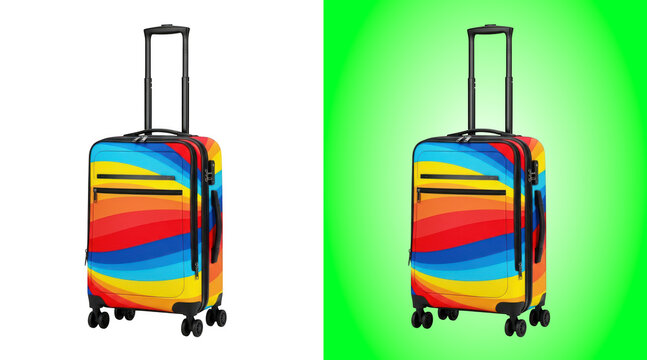 Colorful rolling suitcase with vibrant stripes