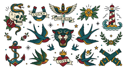 Obraz premium Traditional Tattoo Flash Art Collection: Skull, Snake, Anchor, Swallows, Panther, Lighthouse