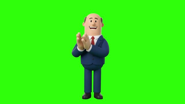A 3D animated smiling cartoon politician or businessman in a blue suit clapping hands in applause on a chroma key green background. Great for celebration scenes, corporate success videos, political ra