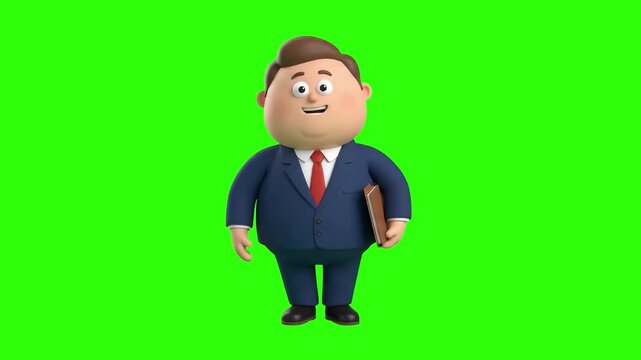 A cute 3D animated chubby businessman character in a suit holding a book under his arm on a chroma key green background. Ideal for friendly business presentations, financial tutorials, educational cli