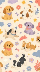 Obraz premium Cute pastel cartoon puppy pattern mobile wallpaper