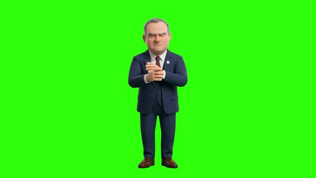 A 3D animated businessman or politician in a suit standing and rubbing his hands together with a cunning expression on a chroma key green background. Ideal for corporate presentations, business animat