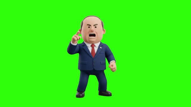 A 3D animated cartoon politician or bald executive character shouting and shaking his finger in anger on a chroma key green background. Ideal for political debates, news parodies, rage memes, comedic 