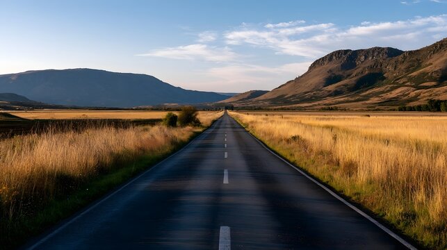 A long straight road stretches through golden grasslands flanked by distant mountains under a clear blue sky with scattered clouds