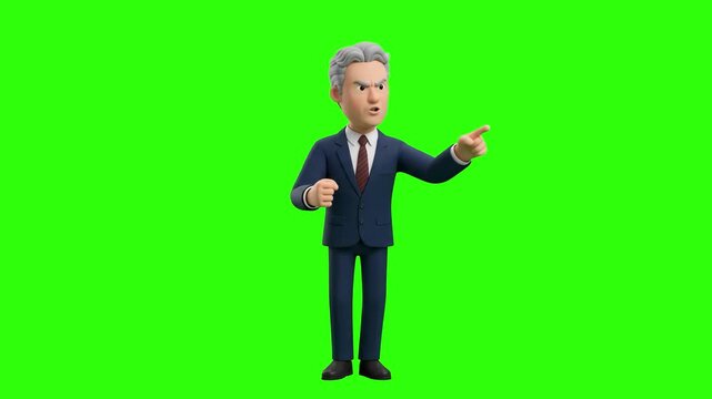 A 3D animated mature politician or executive character in a suit pointing sternly with his index finger on a chroma key green background. Great for political debates, public speeches, news satire, aut
