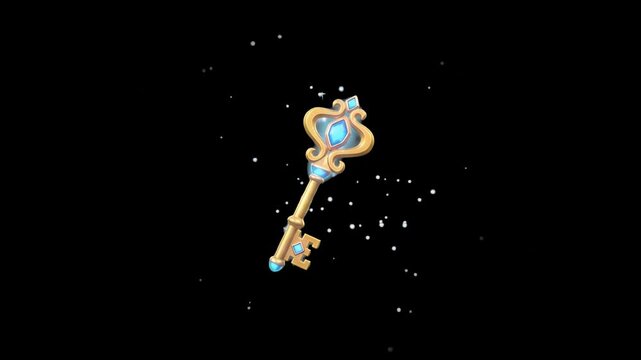 An ornate golden 3D animated magic key floating with sparkling glitter particles against a black background. Great for mystery game unlocks, secret rewards, fantasy trailers, and motion graphics overl