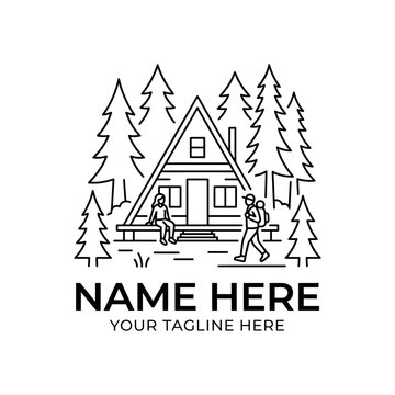 Minimalist Cabin Logo with People and Trees | Line Art Vector