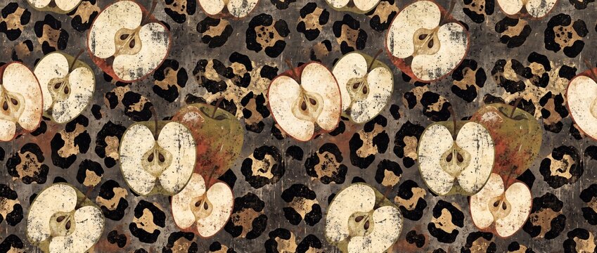 Seamless repeating pattern featuring vintage sliced apples and wild animal fur leopard spots on dark textured grunge background