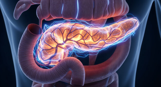 Anatomical illustration of the human pancreas and surrounding vascular structures