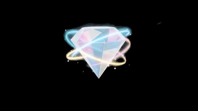 A crystal clear 3D animated diamond gemstone floating with glowing energy rings against a black background. Perfect for VIP reward UI icons, luxury magic effects, casino games, and motion graphics ove